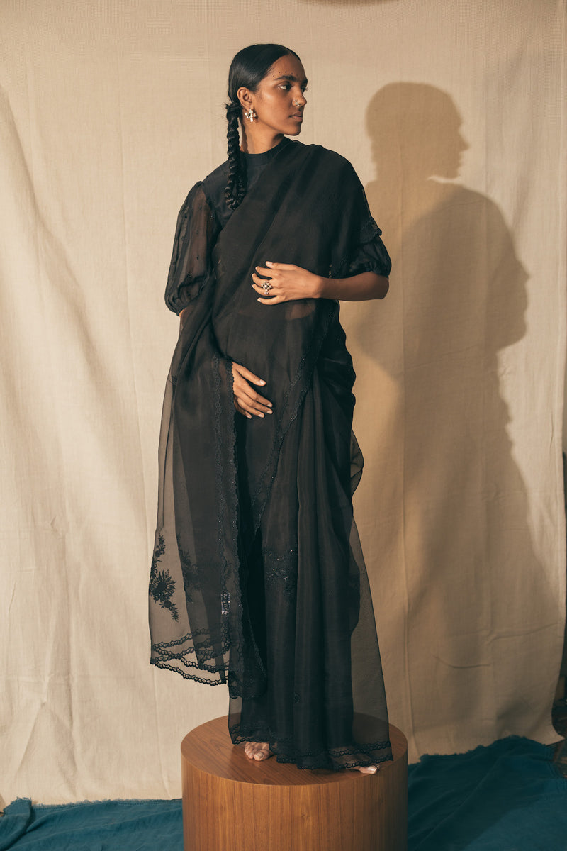 Black Peacock Cutwork Saree